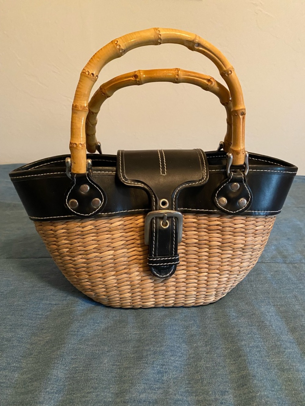 Woven Straw Tote with Black Trim and Bamboo Handles